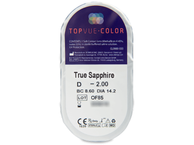 TopVue Color - True Sapphire - dioptrické (2 šošovky) - Vzhľad blistra so šošovkou