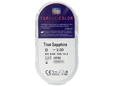 TopVue Color - True Sapphire - dioptrické (2 šošovky) - Vzhľad blistra so šošovkou