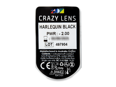 CRAZY LENS - Harlequin Black - dioptrické jednodenné (2 šošovky) - Vzhľad blistra so šošovkou