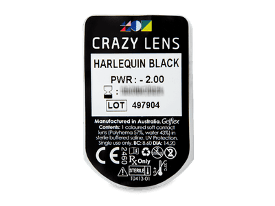 CRAZY LENS - Harlequin Black - dioptrické jednodenné (2 šošovky) - Vzhľad blistra so šošovkou