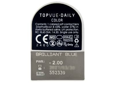 TopVue Daily Color - Brilliant Blue - dioptrické denné (2 šošovky) - Vzhľad blistra so šošovkou